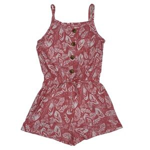 One Step Ahead Pink Leaf Print Button Front Romper – Girls M